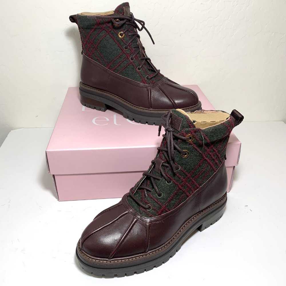 Louise et Cie Sarni Leather Boots Lace Up Lug Sole Booties Plum Plaid Size 7.5
